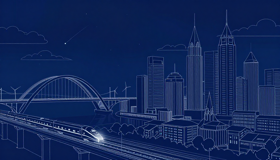 未来都市夜景线稿插画:列车穿梭星空