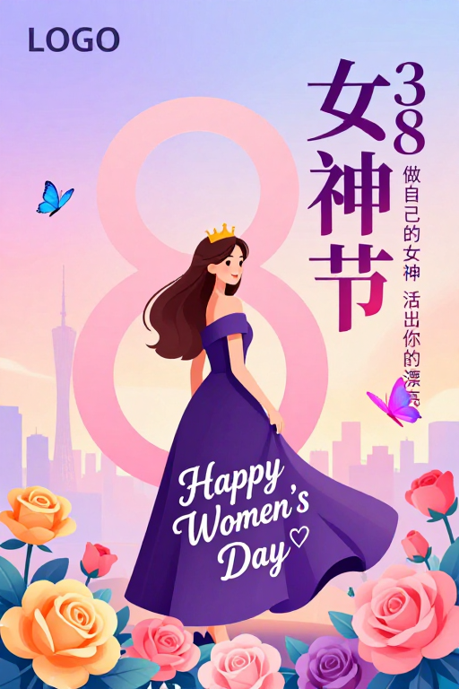 梦幻渐变女神节海报：插画展现女性优雅与自信