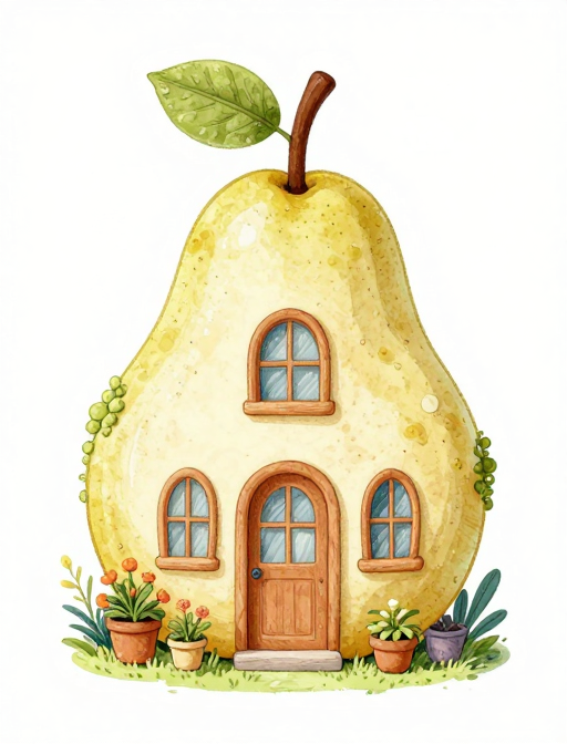 精致雪梨房屋手绘插画:绿植环绕的田园小屋