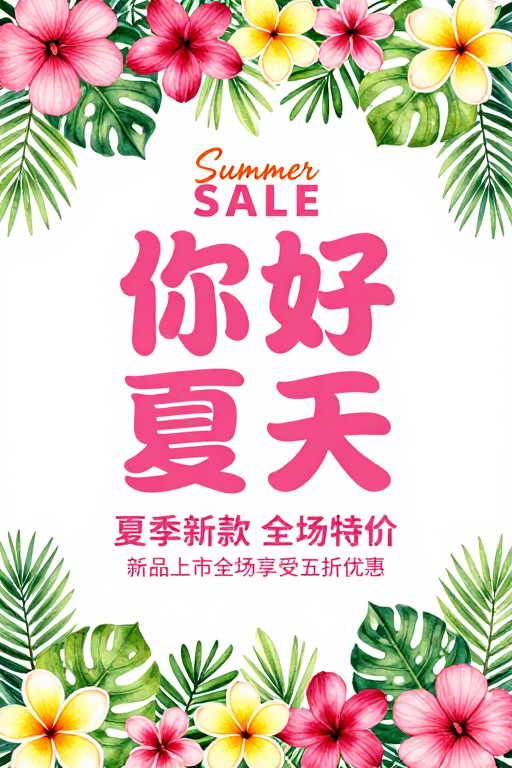 夏日清新促销海报:粉红与翠绿的热烈邀请