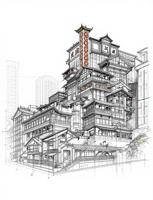 重庆洪崖洞CAD设计蓝图:铅笔素描细节图