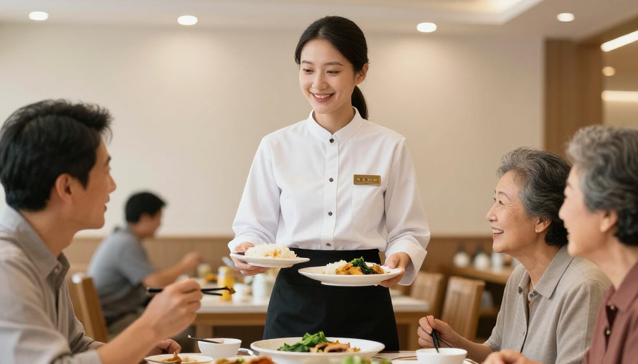 光盘行动暖心瞬间：亚洲女服务员端剩菜合影