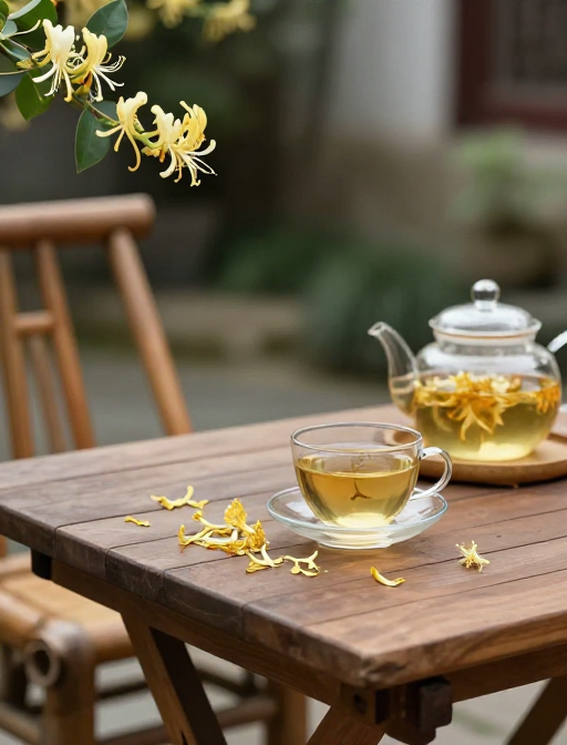 庭院静美:高清金银花茶与花瓣的意境实拍