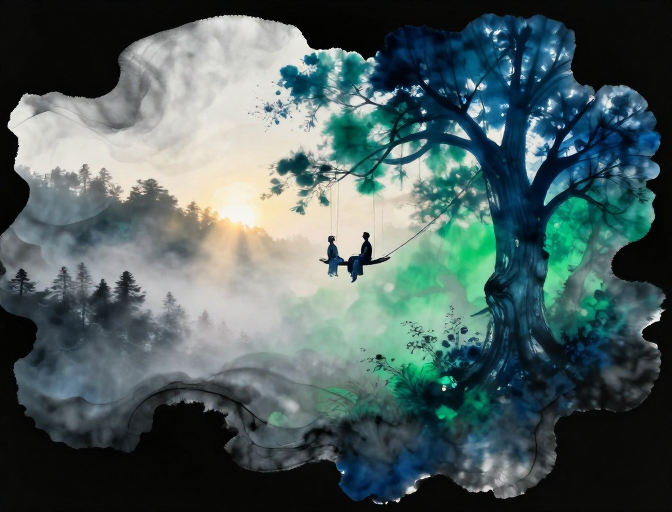 迷雾森林中的民族对唱：扎染水墨超现实画卷