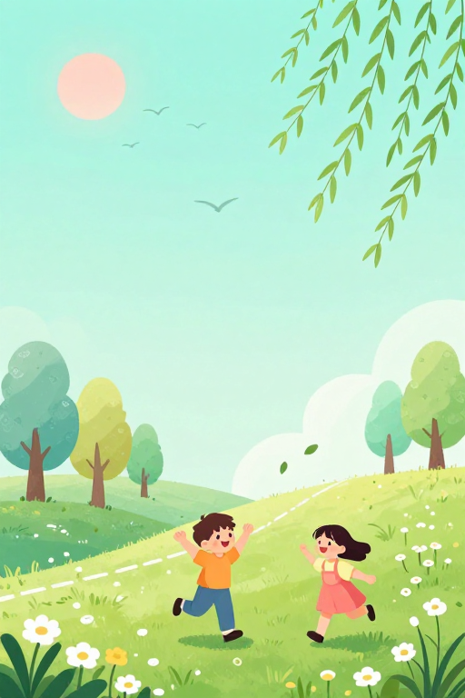 春日童趣治愈插画：清新绿色背景下的快乐孩子