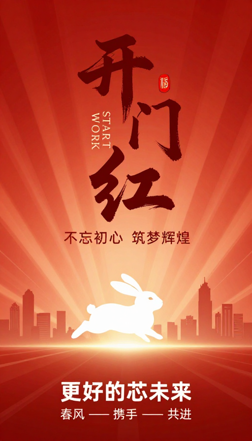 红色渐变‘开门红’书法海报，融合传统年味与科技奋进感