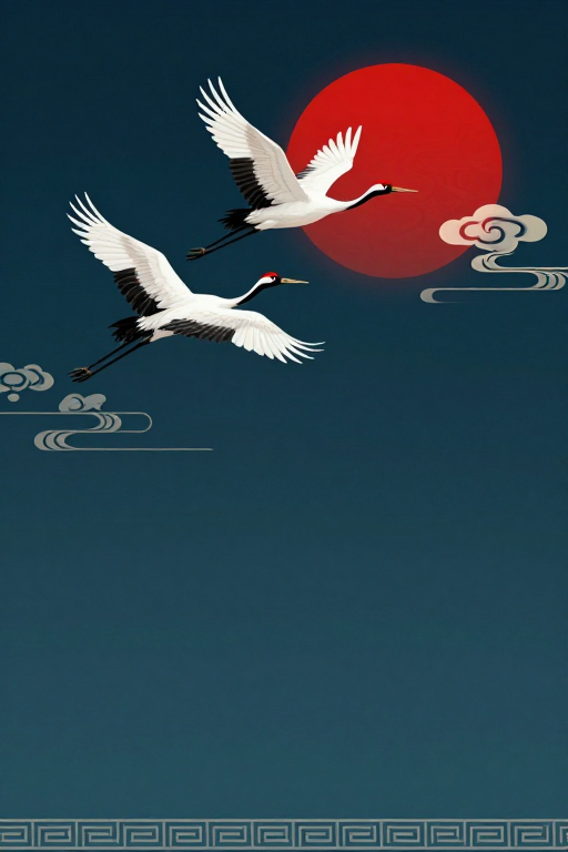 青空红日双鹤翔：古典留白艺术插画