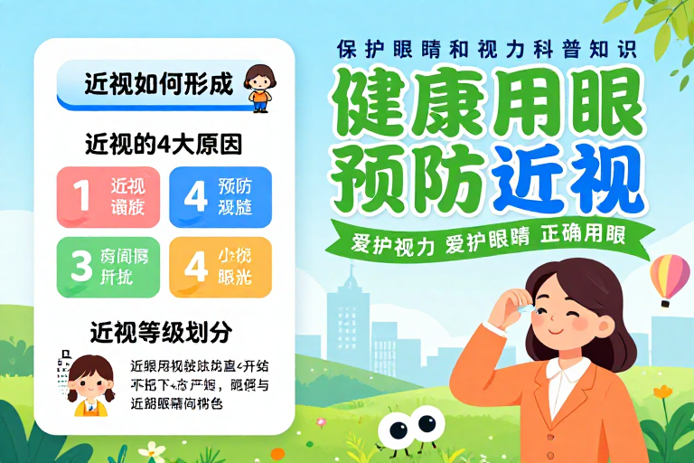 清新护眼科普海报:探索近视成因与预防知识