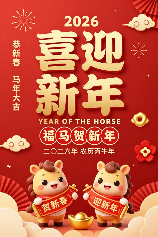 2026新春贺岁 马年大吉喜庆金色海报