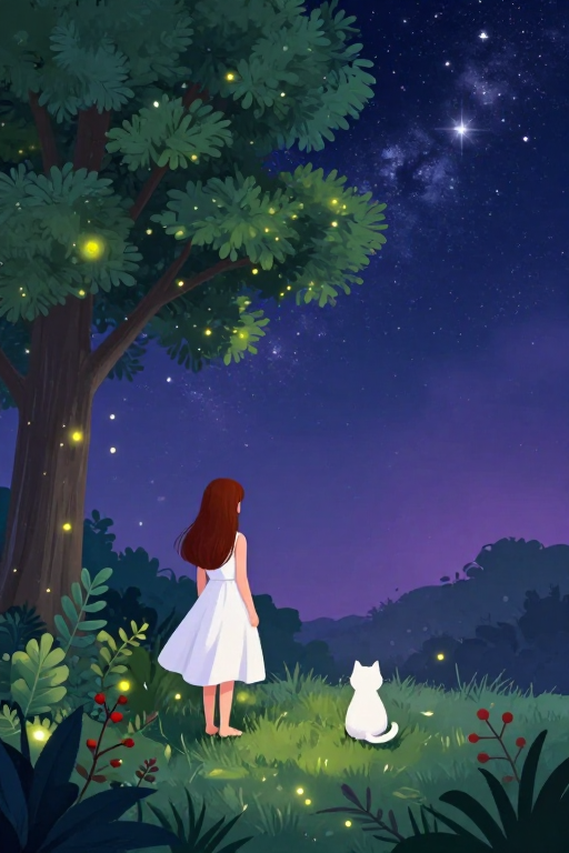 梦幻夜森林:星河下的静谧少女与猫