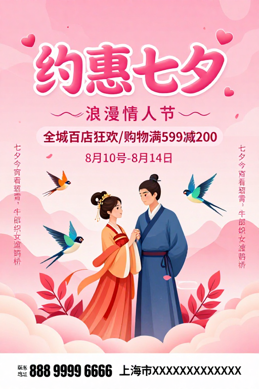 七夕梦幻粉调古风插画促销海报