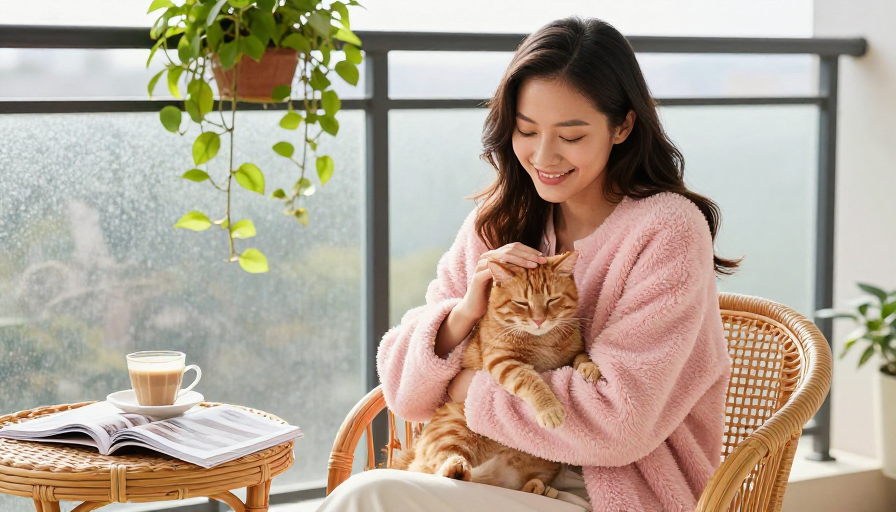静谧午后:藤椅抱猫与咖啡的治愈时光