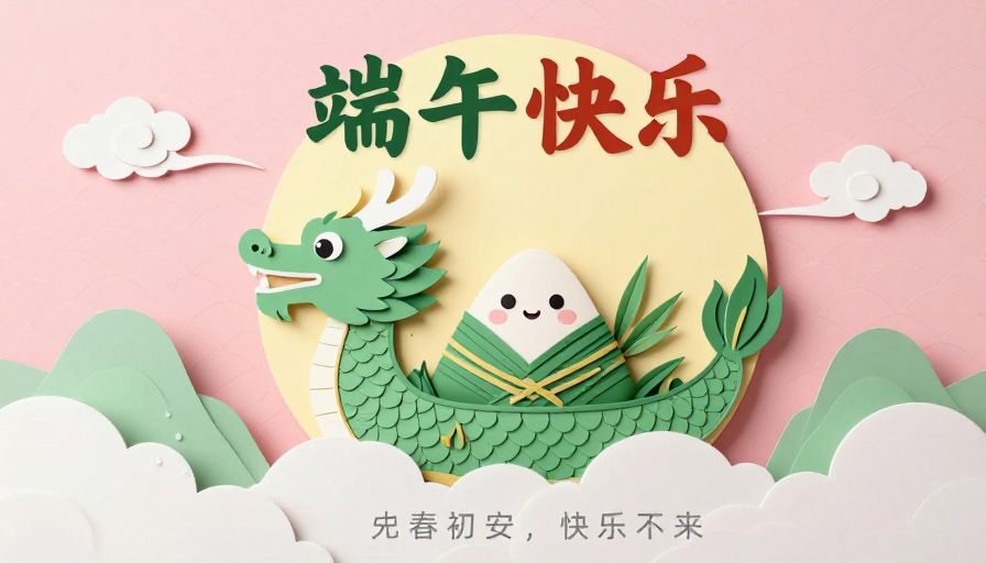 端午吉祥：粉彩龙舟与拟人粽子的温馨插画