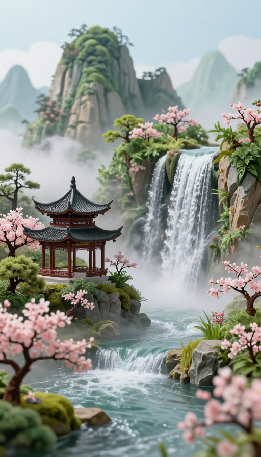梦境桃源：仙境楼阁与青翠仙山