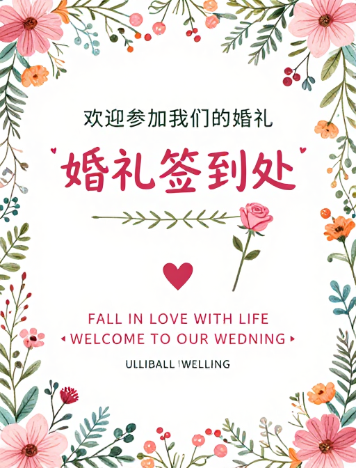 森系田园婚礼签到处手绘海报
