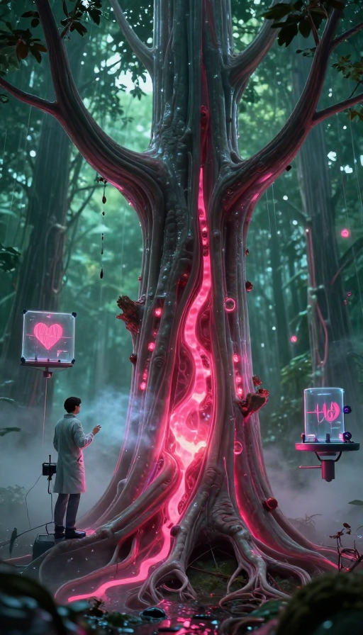 蒸汽波科幻：发光血液生物树下的科学家观测