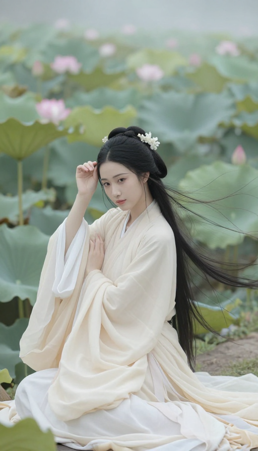 国风诗意:素衣荷塘的清冷美人