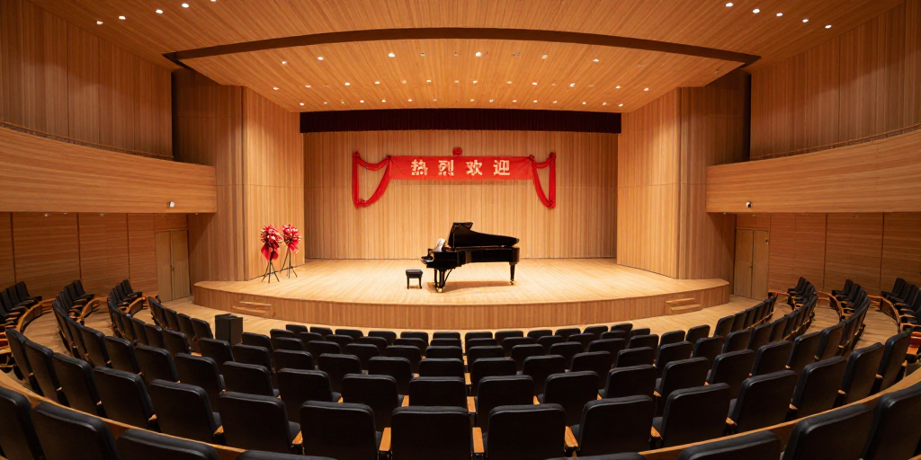 现代音乐厅全景：木质弧形座椅与舞台艺术布置