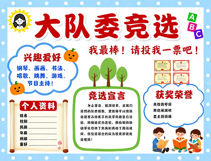 趣味大队委竞选卡通海报,童真童趣展现活力风采