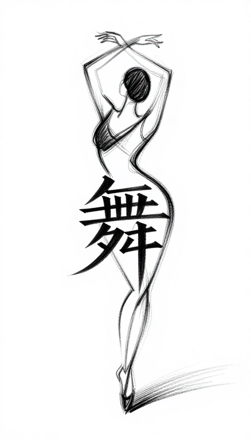 素描融合:舞者轮廓与'舞'字商标设计