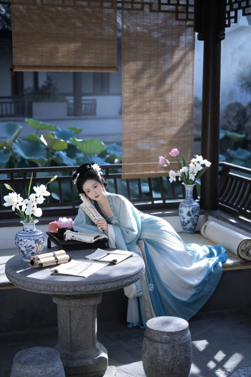蓝白古韵：朦胧光影下的庭院汉服美人