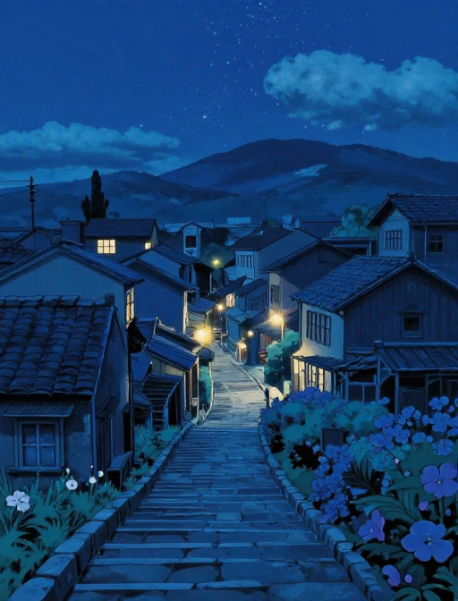 宫崎骏梦境：静谧蓝夜古巷花影