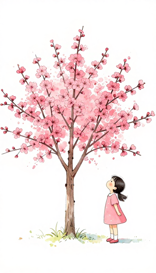 粉色花树间的童趣水彩插画