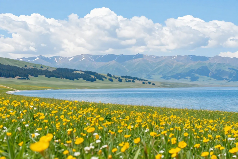 湖畔花海：自然与风景的极致呈现