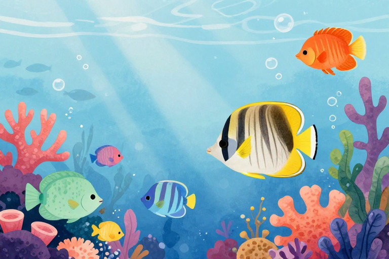 梦幻水彩海底世界：色彩斑斓的海洋生物插画