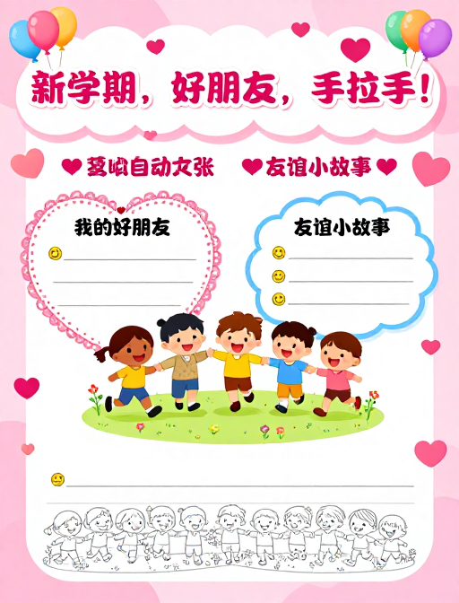 粉红童心友谊海报:新学期手拉手卡通插画