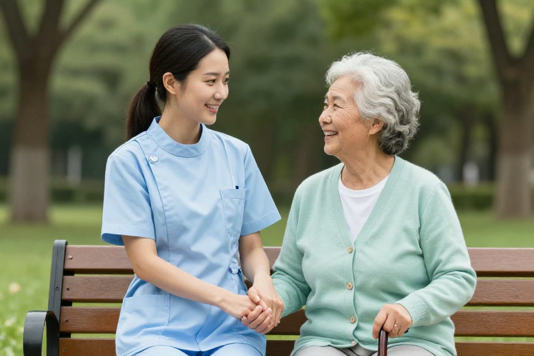 医护温情：年轻护士与老人相握笑谈