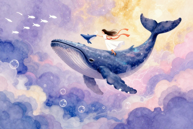 梦幻蓝鲸跃动：紫罗兰调宇宙海洋插画