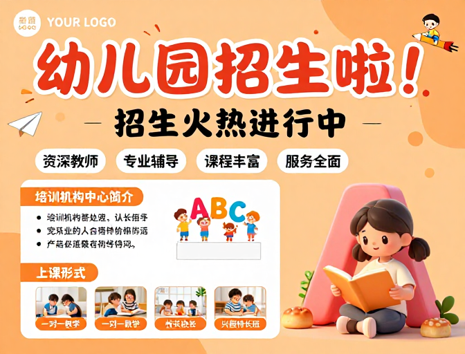 橙色童趣风幼儿园招生海报