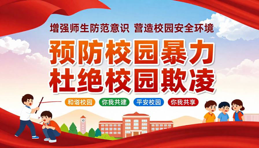 红色校园安全公益海报:预防暴力共建和谐环境