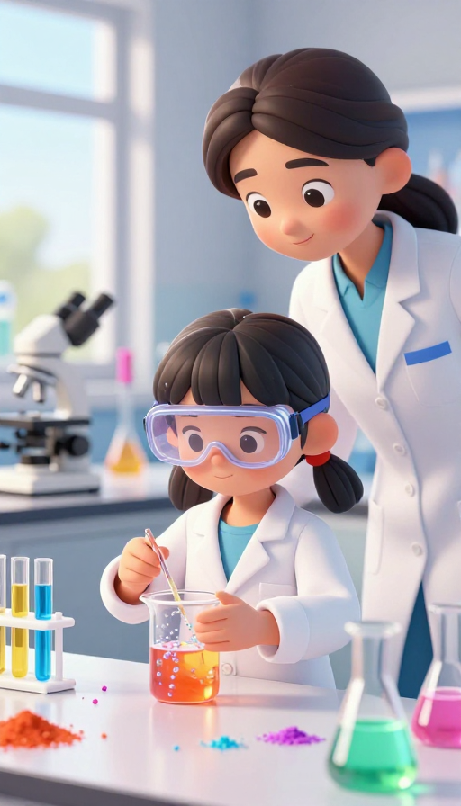 亲子科学实验：卡通女孩与妈妈在明亮实验室探索