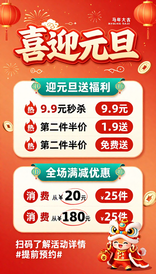 暖橙红迎元旦促销海报设计