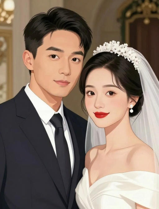 东方面孔男女依偎:优雅婚礼漫画立绘