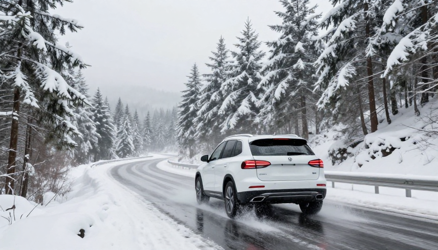 暴雪山路:白色SUV安全行驶实拍