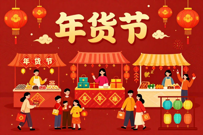 红火年货节:喜庆中式市集手绘插画