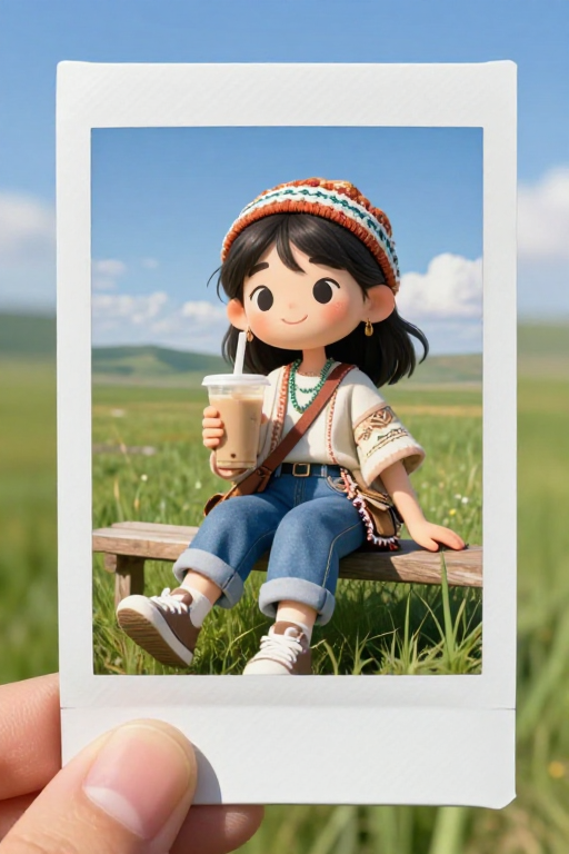 内蒙古草原3D旅行角色：手持奶茶的可爱宝丽来风卡通形象