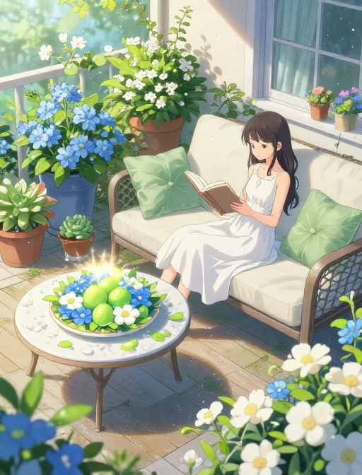 春日露台：蓝绿白调下的慵懒动漫少女