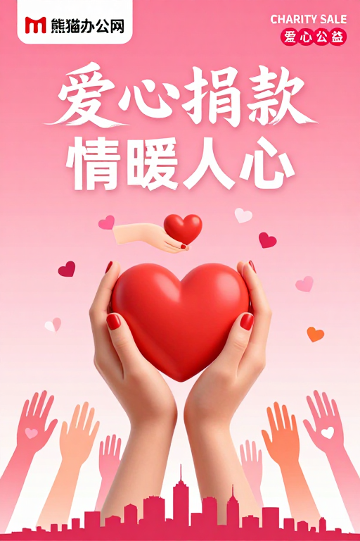 粉色渐变公益插画：爱心捐款情暖人心