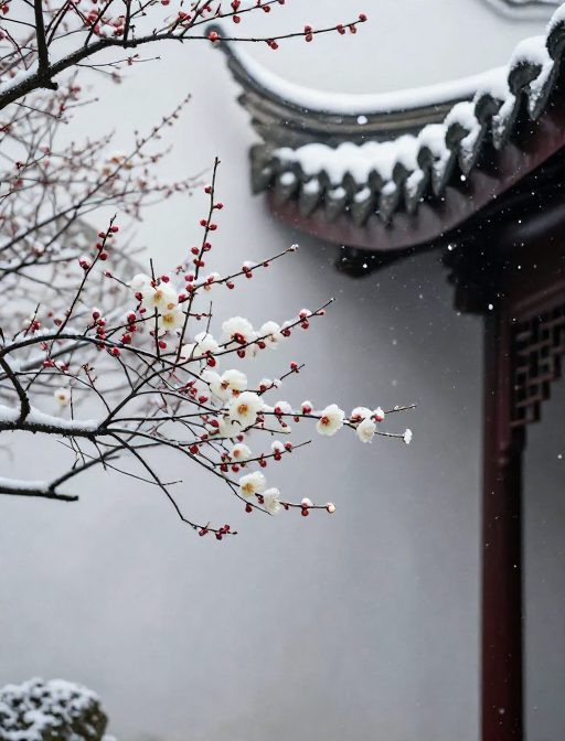 雪中红梅映古韵：冬日古建筑旁的梅花