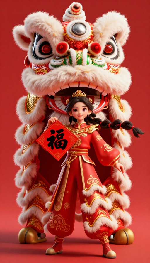 超现实春节舞狮少女:华丽3D视觉盛宴