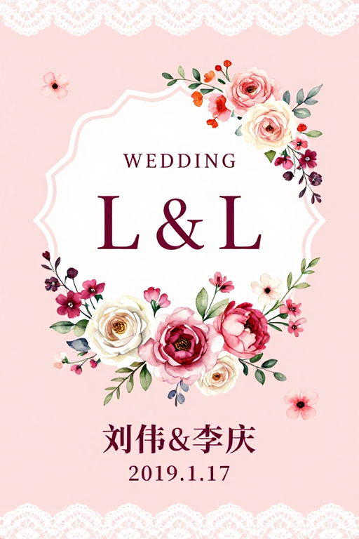 柔粉水彩手绘婚礼邀请函设计
