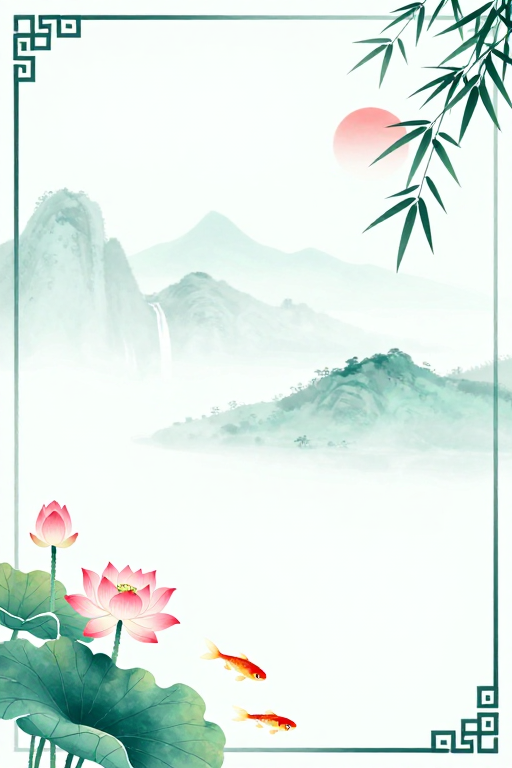 青绿留白·水墨荷鲤图