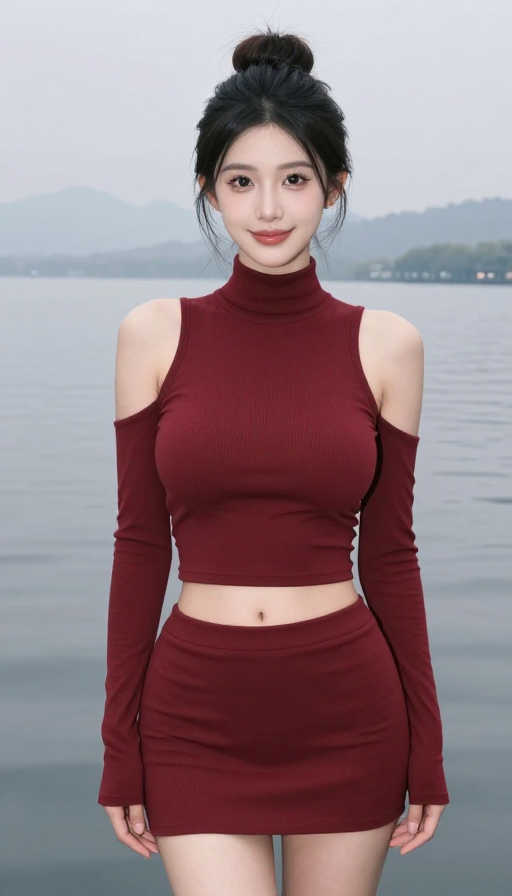 酒红无袖裙畔的西湖夜色女神写真