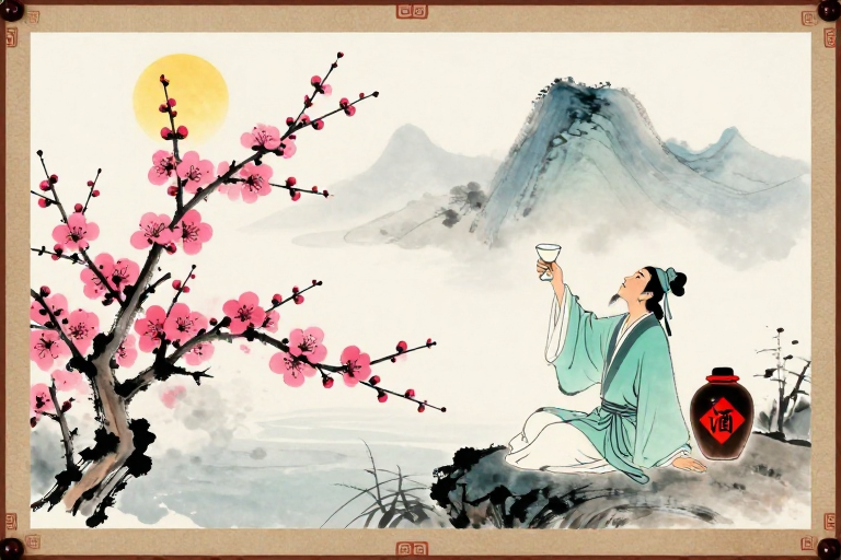 水墨青瓷·文人邀月赏梅图