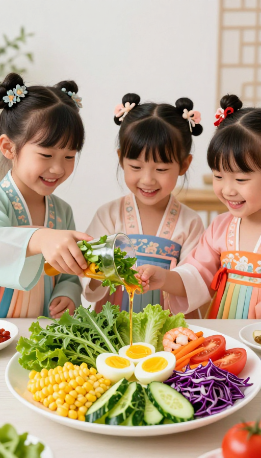 汉服少女欢乐制作沙拉：色彩缤纷的素食盛宴