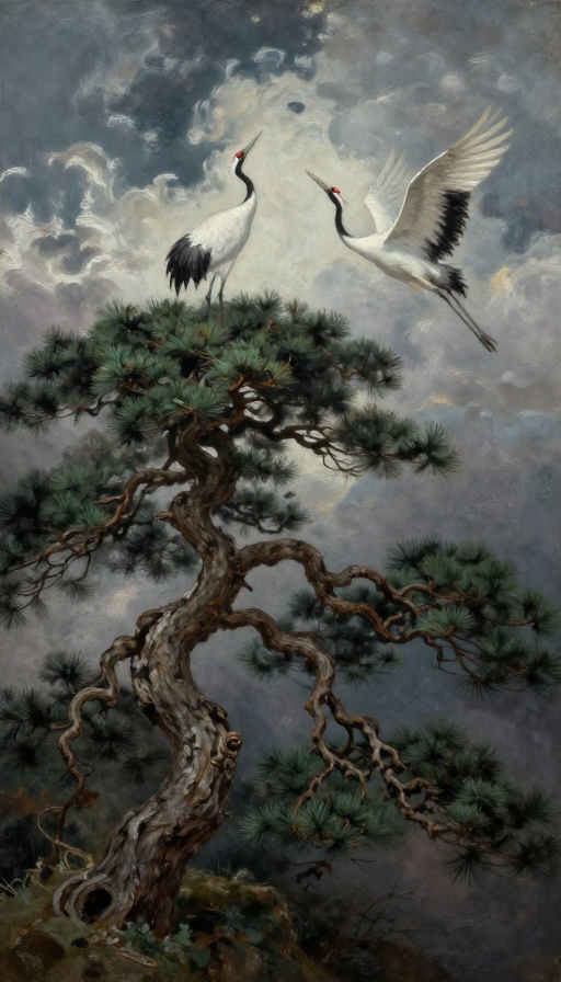 沧桑老松栖仙鹤，暗黑油画云霞漫